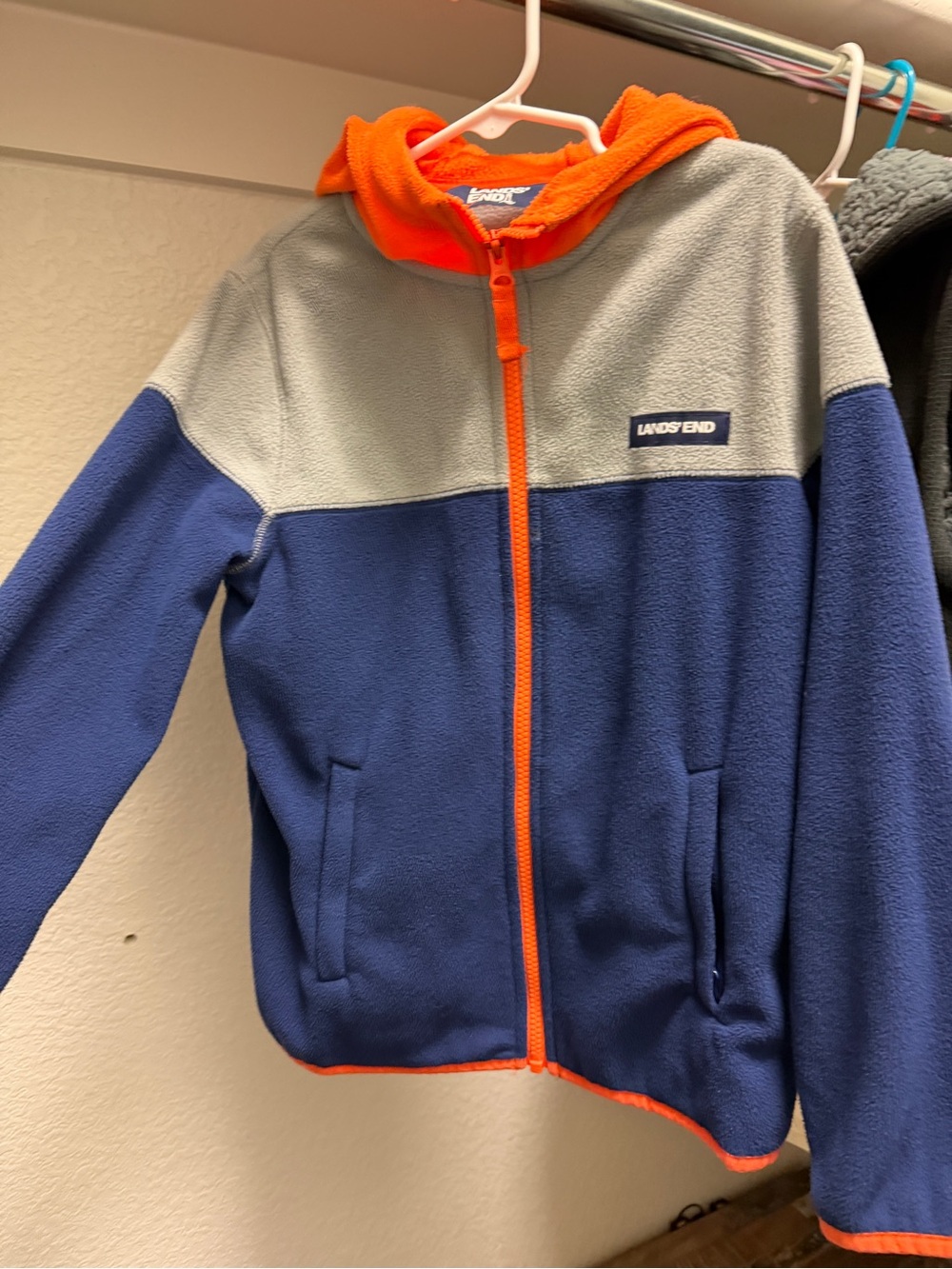 Lands' End Kids Colorblock Fleece Hoodie in Blue, Gray & Orange